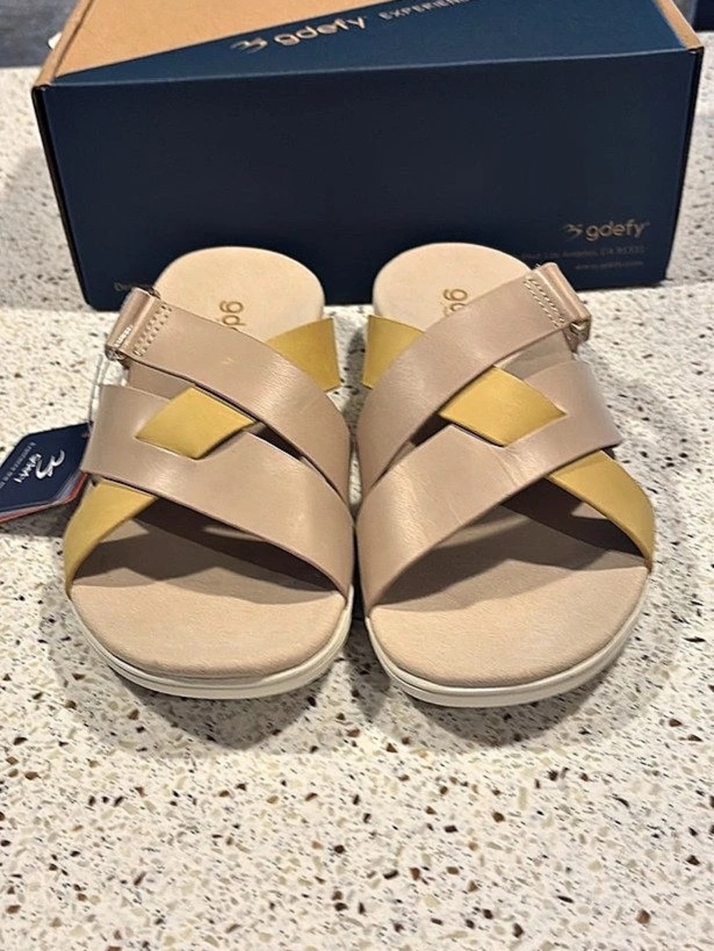 gdefy Lynor Strappy Sandals in Tan & Yellow US 8 VersaShock Technology NIB